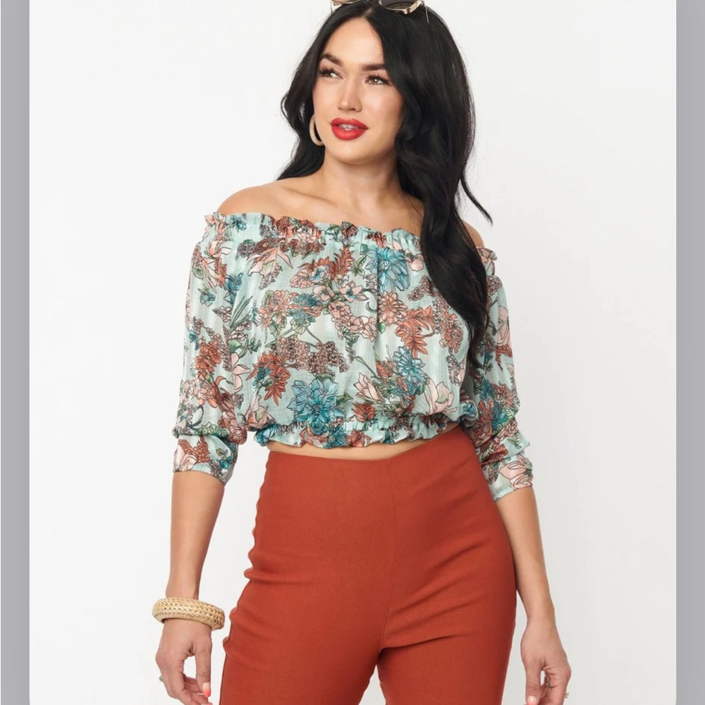 Unique Vintage Mint Floral Print Sweet Stuff Crop Top - S/4